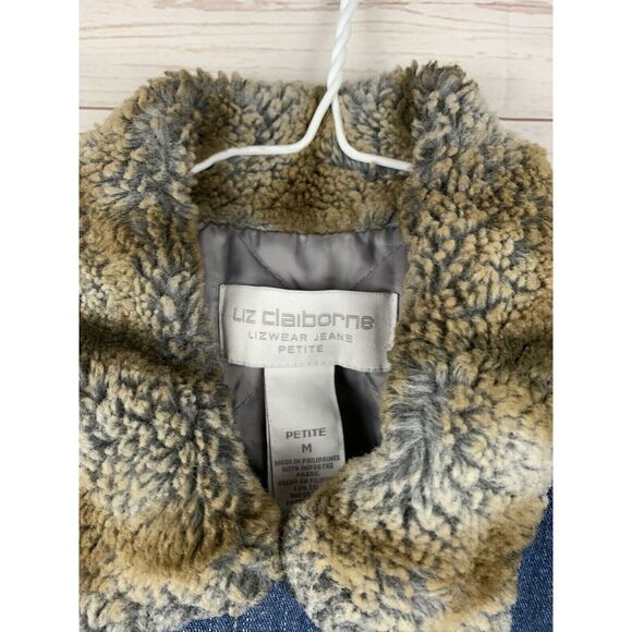 Liz Claiborne Denim Jean Jacket Womens Petite Medium‎ Faux Fur Collar Cuffs - Picture 3 of 5